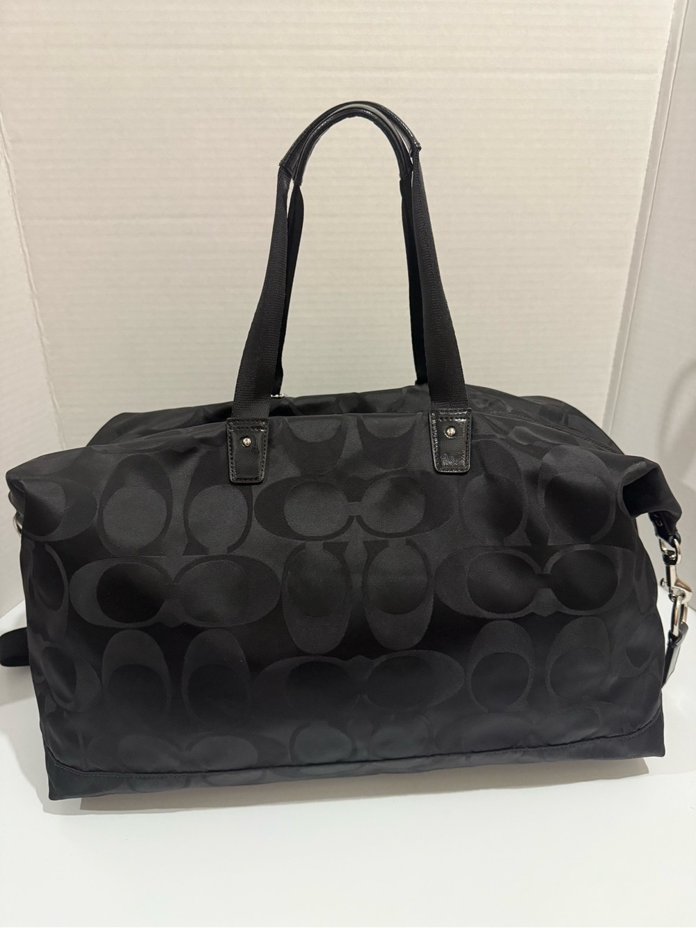 Coach Black Signature Nylon Getaway Duffle Bag Leather Trim F77469 - Picture 2 of 16